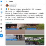 Twitter da Defesa Civil Estadual divulga ação de socorro em Botucatu