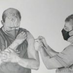Artista de Botucatu eterniza em desenho realista o momento que o Prefeito Pardini foi vacinado contra Covid pelo Secretário, na Vacinação em massa