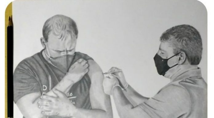 Artista de Botucatu eterniza em desenho realista o momento que o Prefeito Pardini foi vacinado contra Covid pelo Secretário, na Vacinação em massa