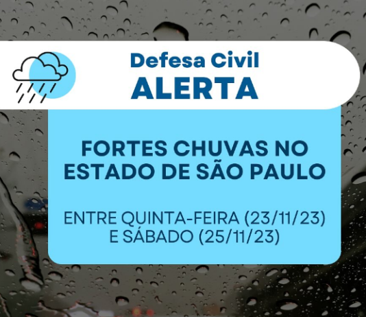 Defesa Civil alerta para chuva que atingirá o estado de SP entre quinta-feira e sábado