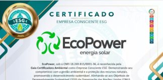 EcoPower é reconhecida com certificado ESG EcoPower é reconhecida com certificado ESG