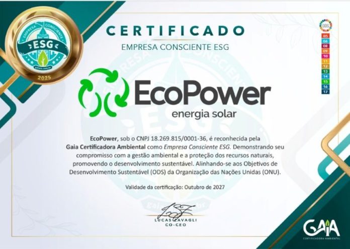 EcoPower é reconhecida com certificado ESG EcoPower é reconhecida com certificado ESG